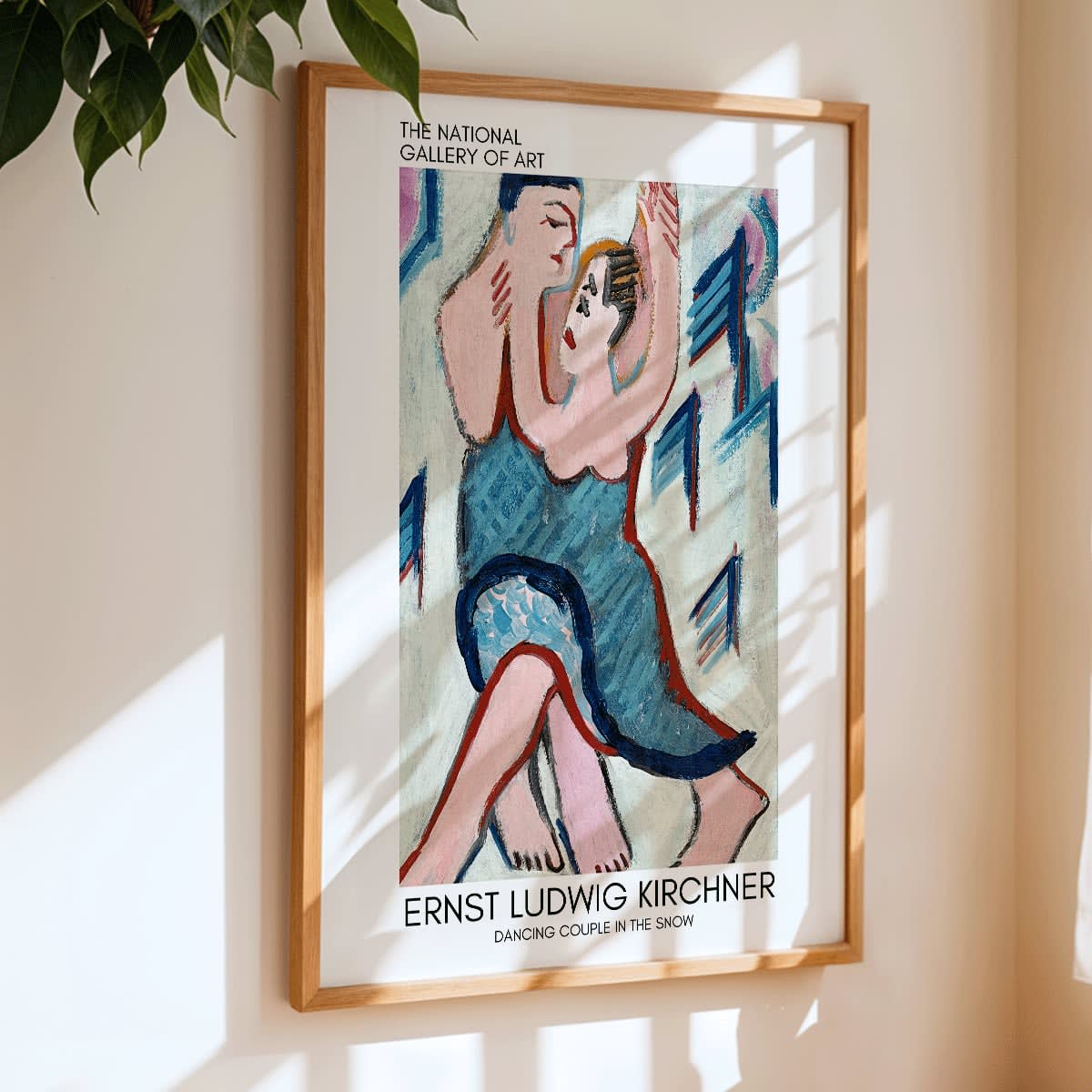 Dancing Couple in the Snow by Ernst Ludwig Kirchner vibrant expressive painting of a couple embracing and dancing in a snowy scene, framed and displayed in home decor