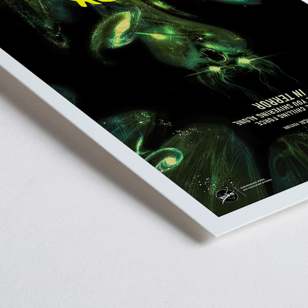 Closeup detail of Dark Energy by NASA space-themed poster featuring a menacing alien monster dark eerie illustration and glowing green text