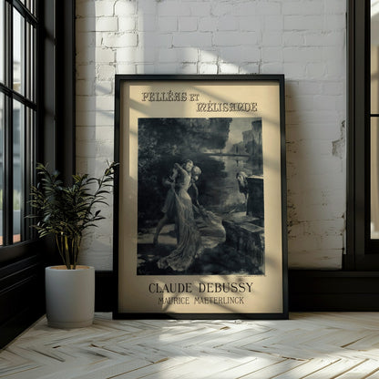 Artistic poster for Claude Debussy and Maurice Maeterlincks Pelleas et Melisande at Theatre de lOpera Comique featuring characters by a river for the premiere, framed and displayed in modern living room decor