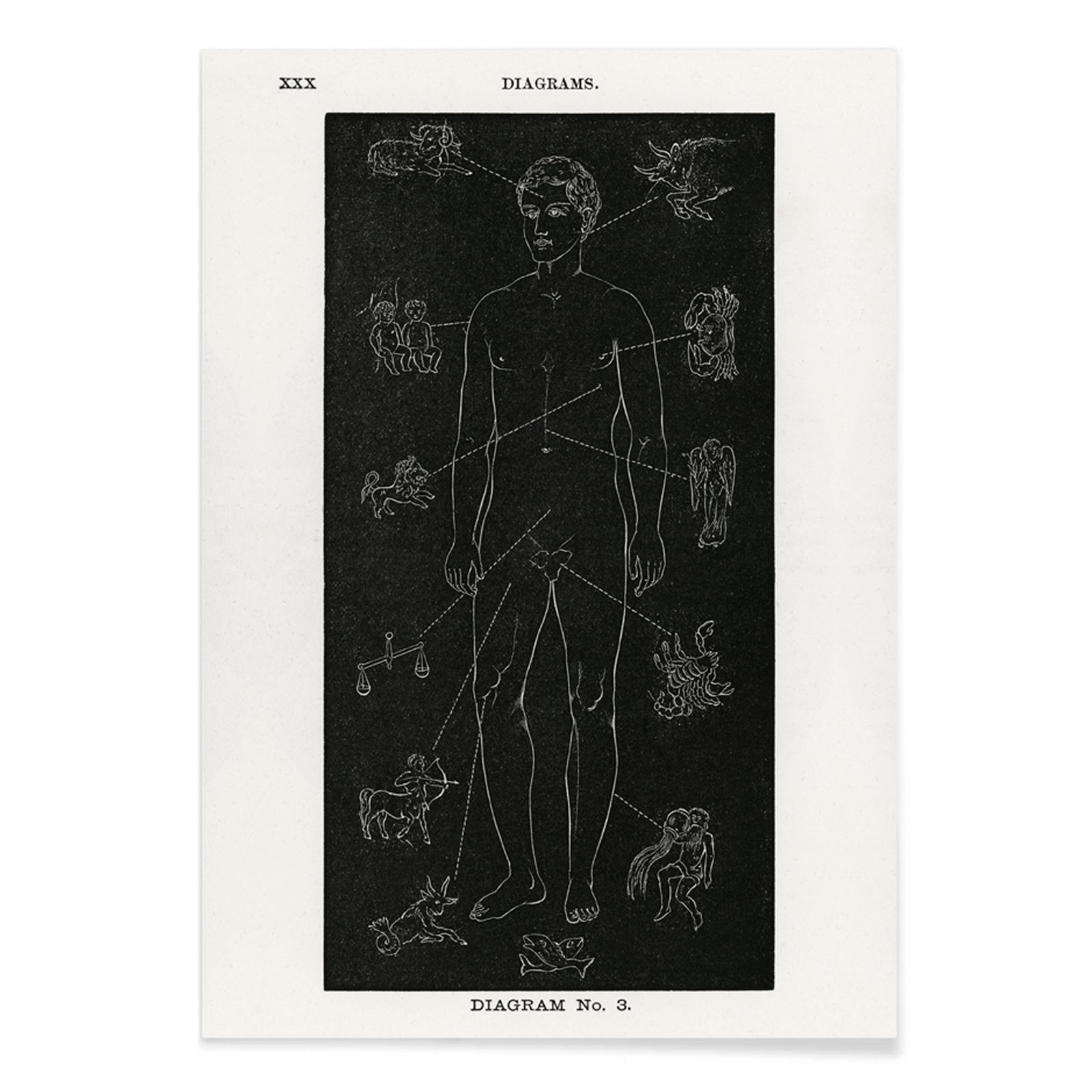 Human body diagram with astrological zodiac symbols and body part connections from Solar Biology by Hiram Erastus Butler, with black aluminium frame on white background