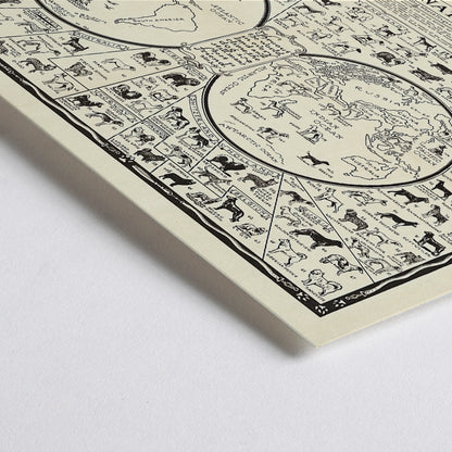 Closeup detail of Dogs of All Nations Map by Frantz E illustrated poster featuring various dog breeds from around the world