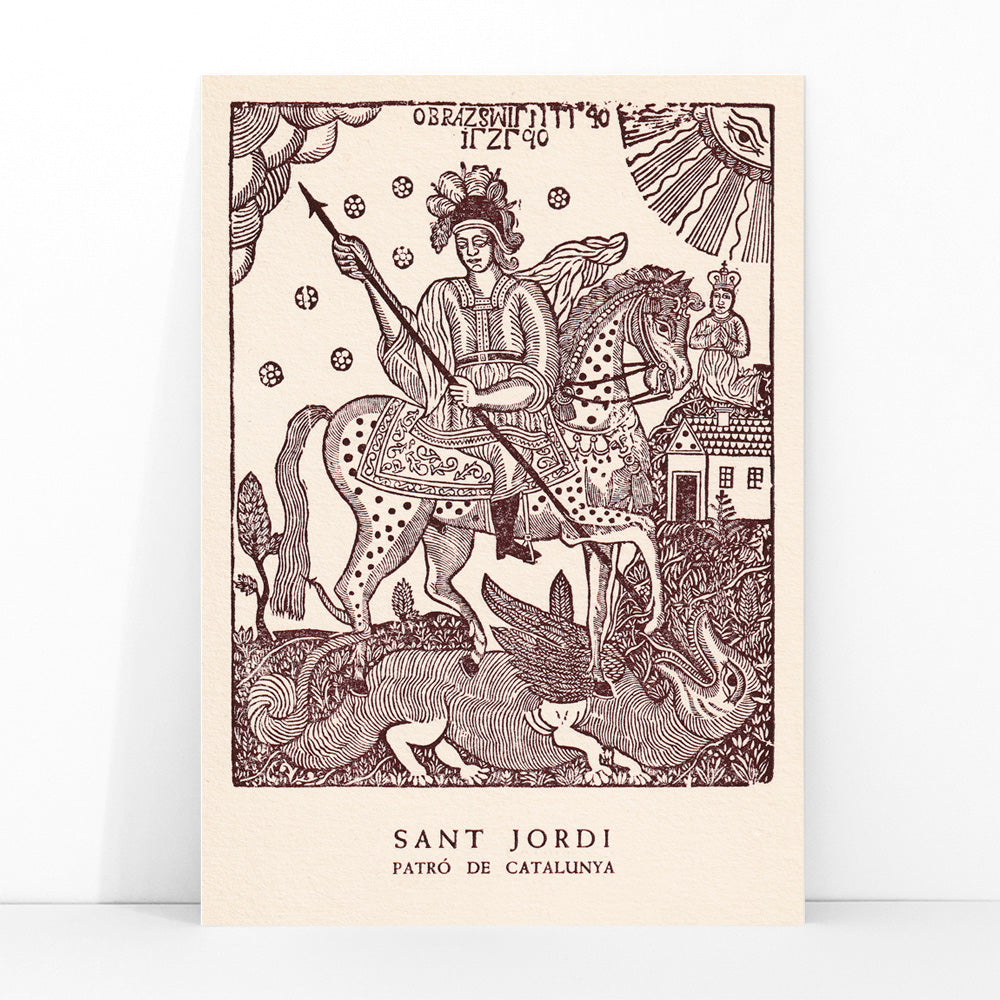 Sant Jordi slaying a dragon on horseback medieval artwork and poster knight with spear Patro de Catalunya, framed and displayed in modern living room decor