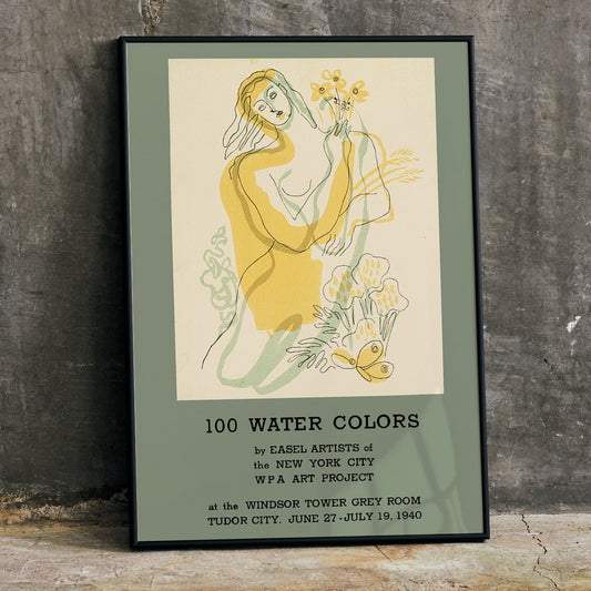 Watercolor illustration poster of a woman with flowers by Easel Artists from the New York City WPA Art Project titled 100 Water Colors, framed and displayed in home decor