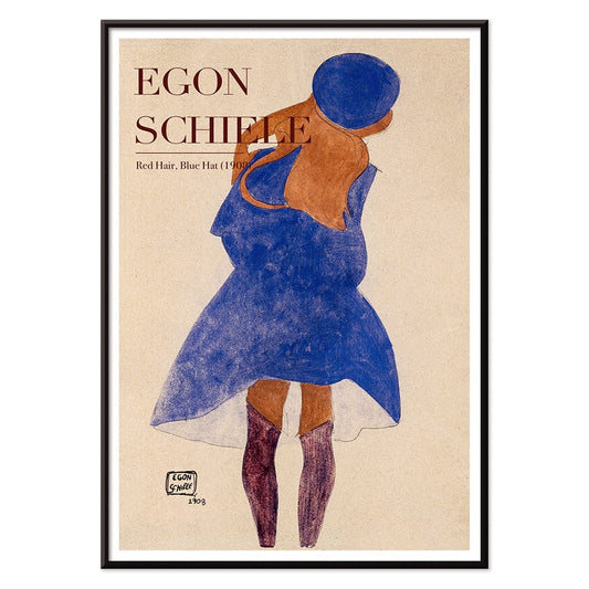 Egon Schiele exhibition poster featuring Red Hair Blue Hat artwork showing a woman with red hair in a blue dress and hat, with black aluminium frame on white background