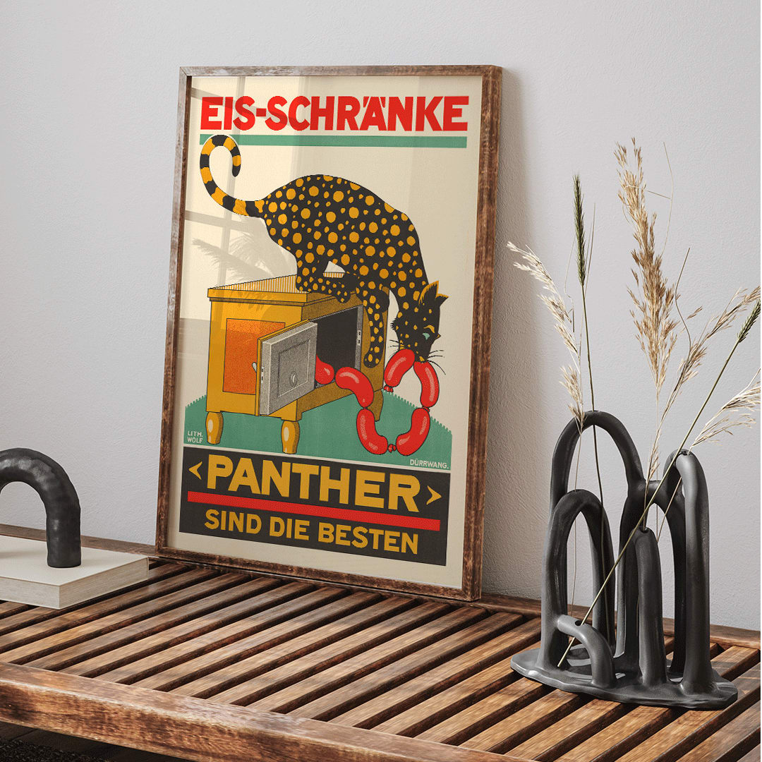 Panther Sind die Besten Swiss poster with panther eating sausages from icebox lithograph by Lith Wolf, framed and displayed in home decor