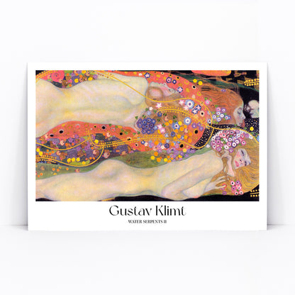 Gustav Klimt Water Serpents II colorful Art Nouveau painting and poster featuring intertwined nude women with vibrant floral and gold decorative patterns, framed and displayed in modern living room decor