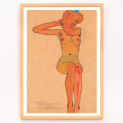 Closeup detail of Seated female nude in expressive style Mädchenakt Gertrude by Egon Schiele poster featuring a nude figure in a seated pose with expressive lines and color