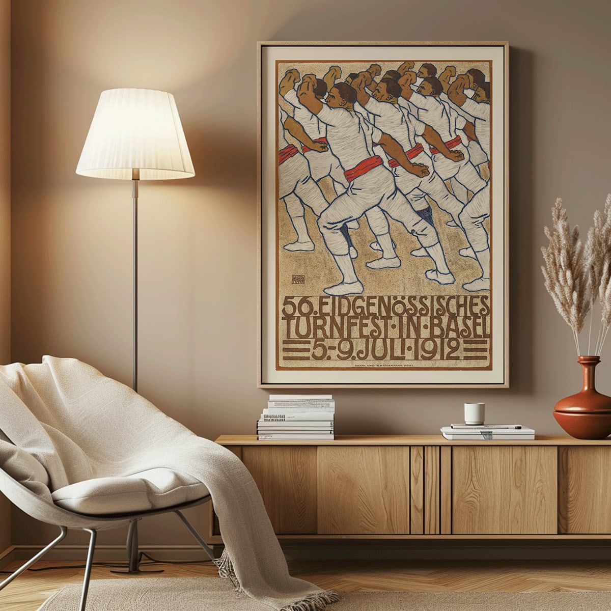 Federal Gymnastics Festival in Basel by Eduard Renggli showing male athletes in white uniforms with red sashes performing synchronized movements in formation, framed and displayed in home decor
