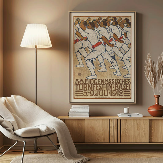 Federal Gymnastics Festival in Basel by Eduard Renggli showing male athletes in white uniforms with red sashes performing synchronized movements in formation, framed and displayed in home decor