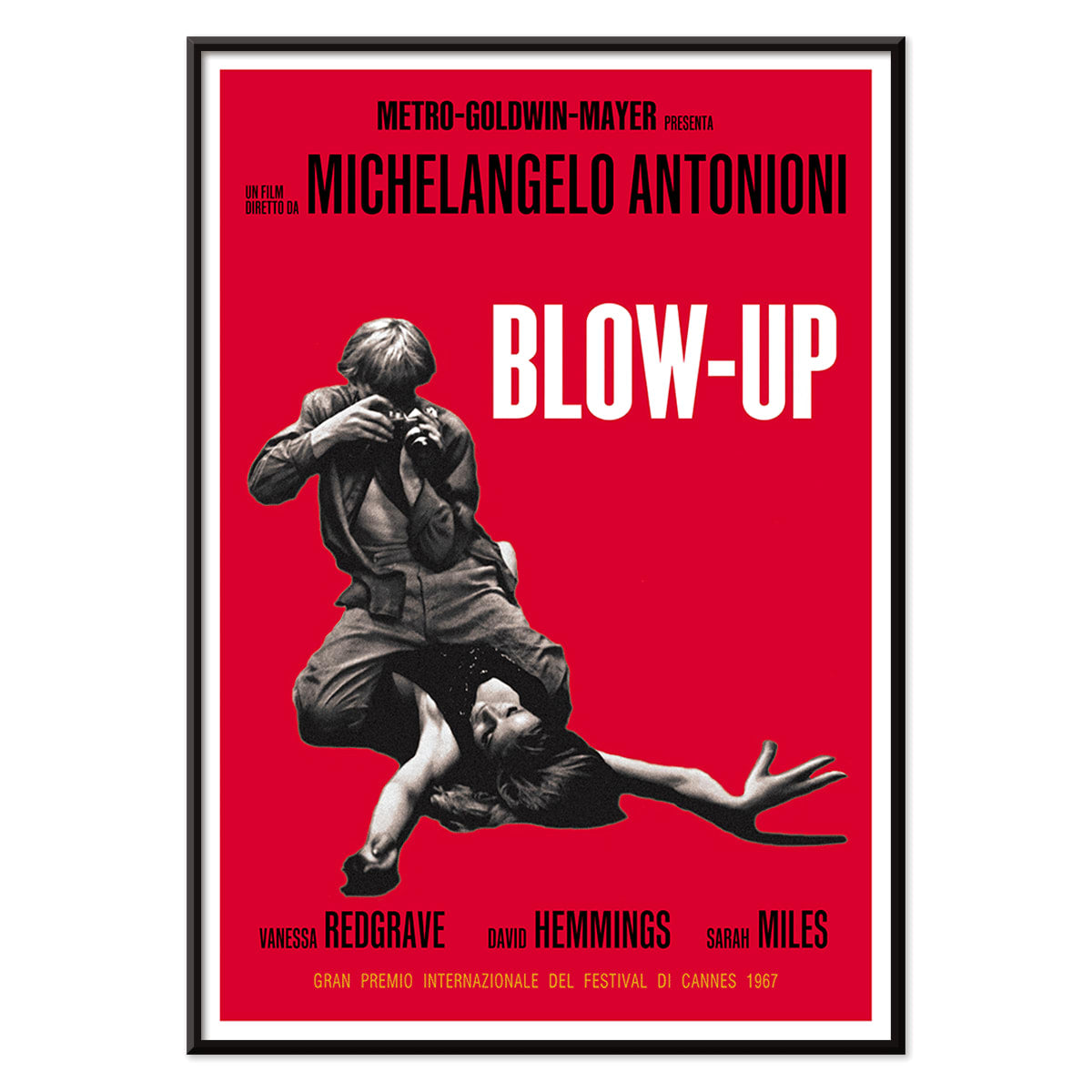 Michelangelo Antonioni Blow Up Movie poster with dramatic black and white photography and vibrant red background, with black aluminium frame on white background