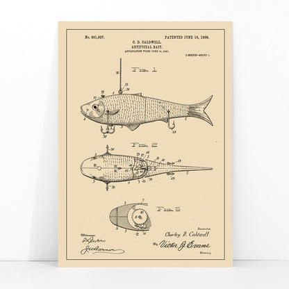 Artificial Bait Patent by C D Caldwell detailed vintage fish lure illustration and mechanical design poster artwork, framed and displayed in modern living room decor