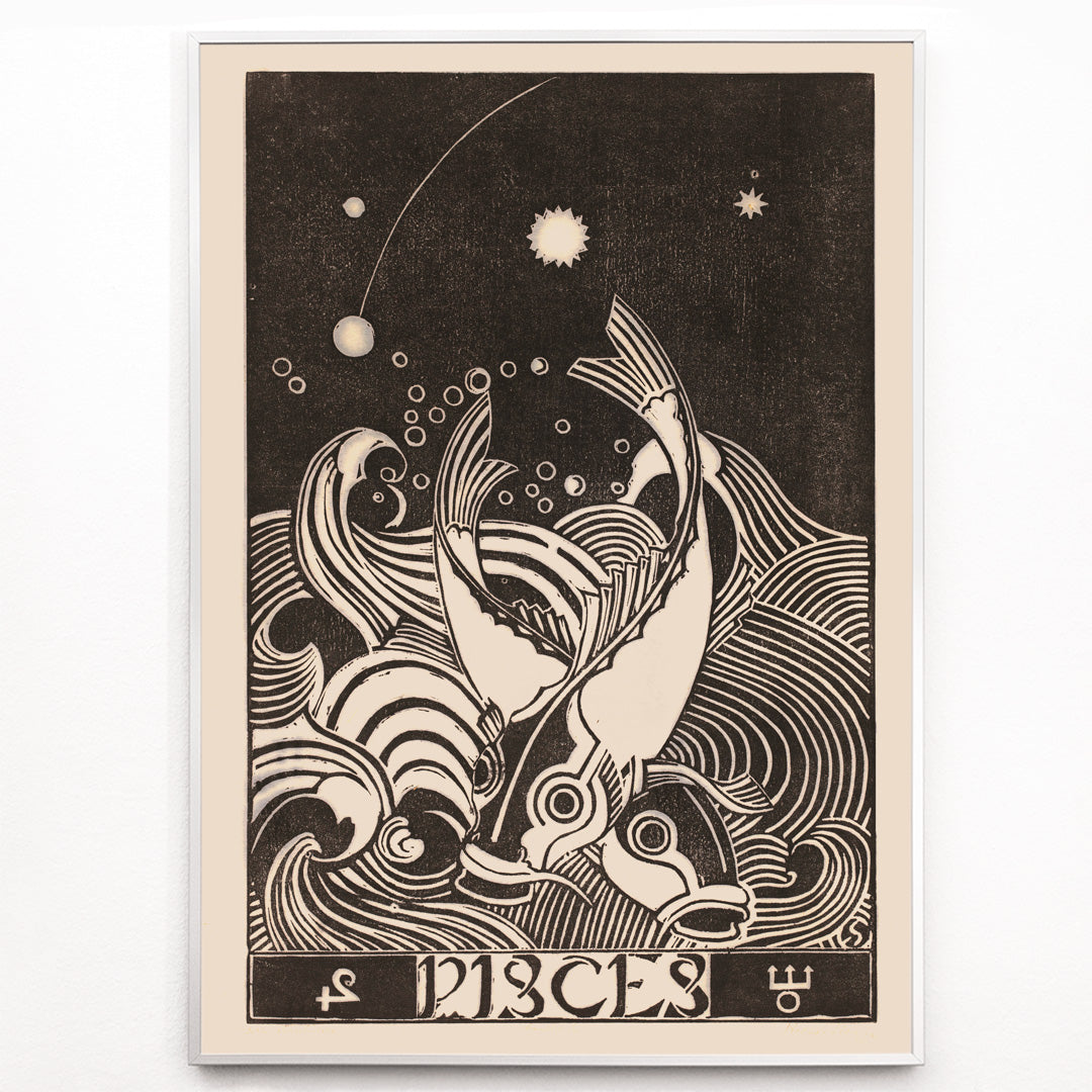 Closeup detail of Black and white Pisces zodiac sign illustration with two stylized fish swimming among swirling waves artwork by Henri van der Stok