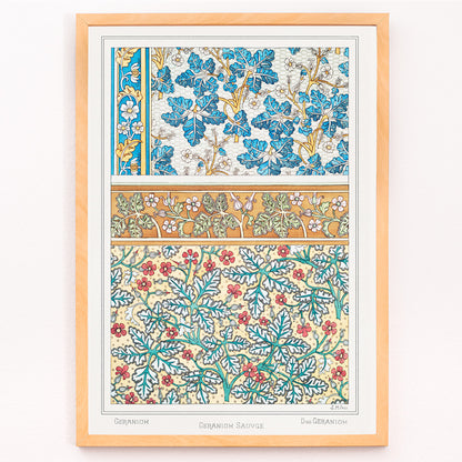 Closeup detail of Decorative wild geranium botanical artwork and floral pattern poster by Maurice Pillard Verneuil from La Plante et ses Applications ornementales