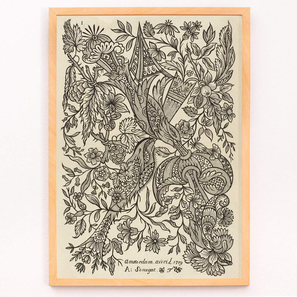 Closeup detail of Intricate black and white floral textile pattern artwork poster by Alexander Senegat