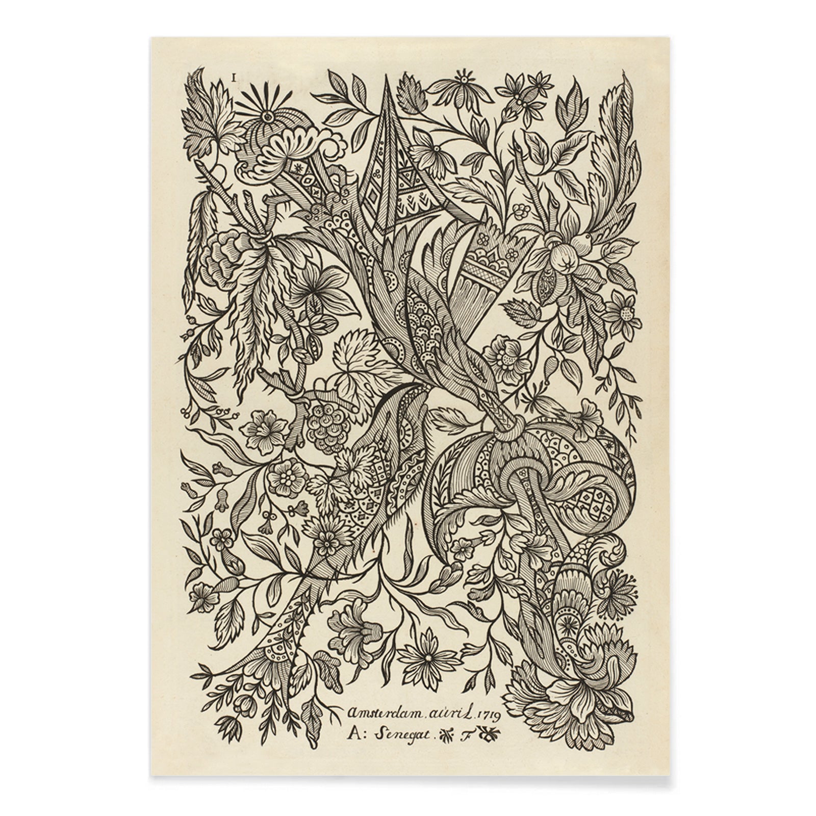 Intricate black and white floral textile pattern artwork poster by Alexander Senegat, with black aluminium frame on white background