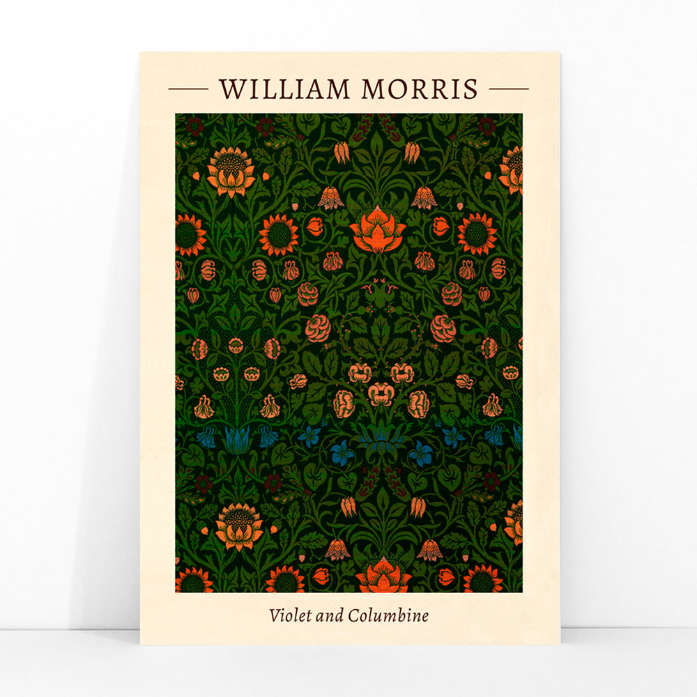 Floral pattern artwork poster titled Violet and Columbine by William Morris featuring intricate botanical designs with vivid green and orange tones, framed and displayed in modern living room decor