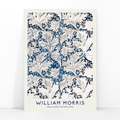 Wallflower Pattern by William Morris featuring intricate blue and white floral botanical design with decorative leaves artwork poster, framed and displayed in modern living room decor