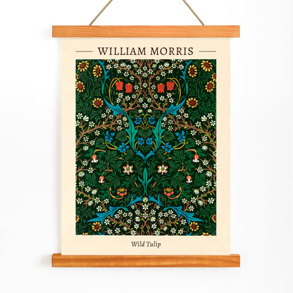 Wild Tulip floral patterned artwork poster by William Morris featuring intricate green blue and red designs for wall decor, with wooden magnetic frame on white background