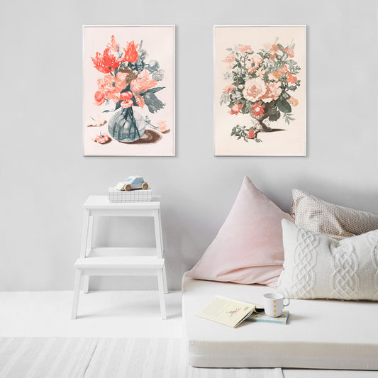 Colorful vibrant floral arrangement in a glass vase artwork and poster by Jean Baptiste Monnoyer from Five Prints of Flowers in Glass Vases, framed and displayed in home decor