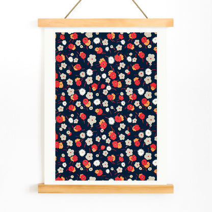 Colorful floral pattern poster with white gray pink and red flowers on dark background by Charles Goy, with wooden magnetic frame on white background
