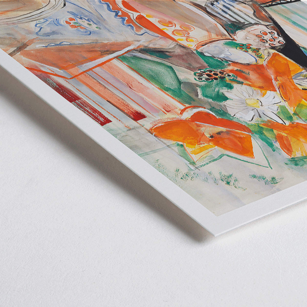 Closeup detail of Floral still life poster by Oskar Moll with vibrant flowers in striped jug and bowl on colorful tablecloth