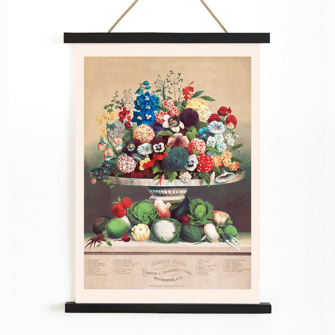 Colorful poster of flowers and vegetables in a vase by Anton Carl Rahn for wall decor, with wooden magnetic frame on white background