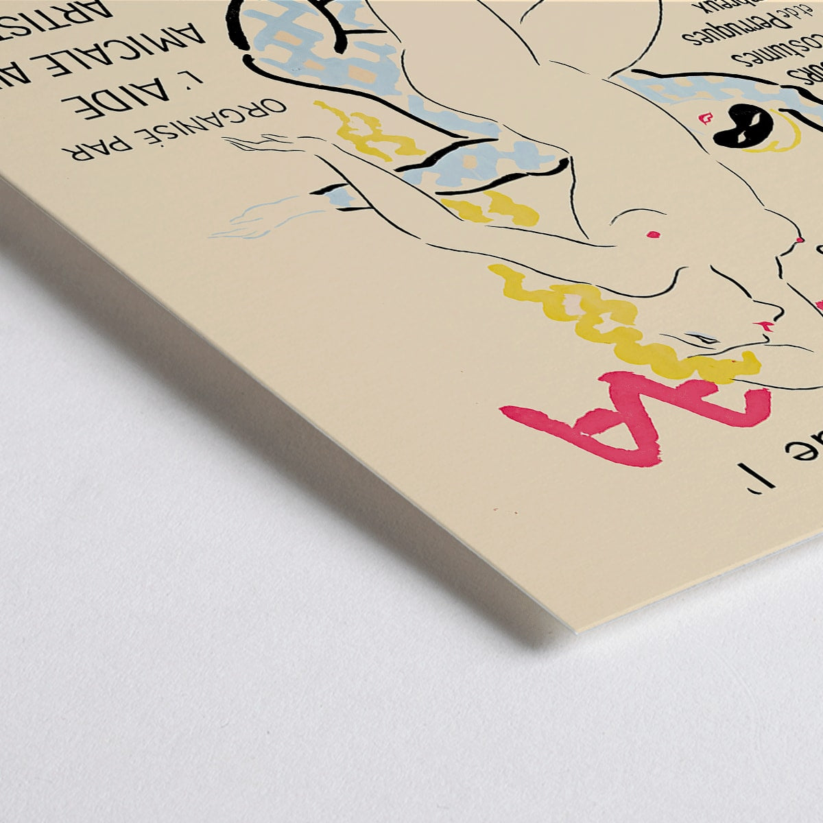 Closeup detail of Artistic poster 4eme Bal de lAAAA by Foujita featuring dancers and two women in bold colors and elegant poses