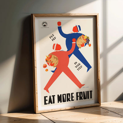 Colorful WPA Health Department illustration and poster promoting fruit consumption with stylized figures carrying baskets and the message Eat More Fruit, framed and displayed in home decor