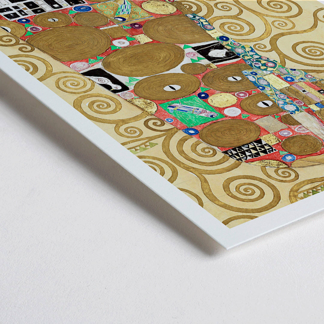 Closeup detail of Fulfillment by Gustav Klimt vibrant embrace poster with intricate figures colorful patterns and swirling golden backgrounds