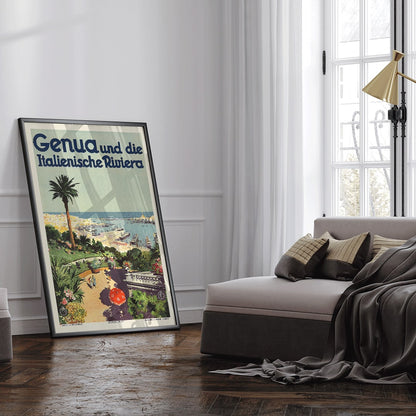 Vintage travel poster of Genoa and the Italian Riviera by Aurelio Craffonara featuring scenic harbor palm trees and colorful garden, framed and displayed in home decor