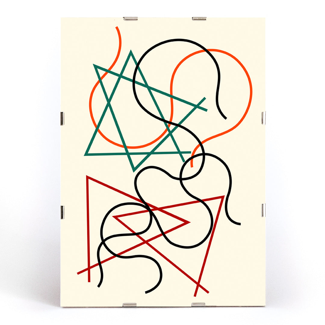 Abstract geometric and wavy lines artwork in green red orange and black by Myriam Thyes titled Lignes géométriques et ondoyantes, framed and displayed in modern living room decor