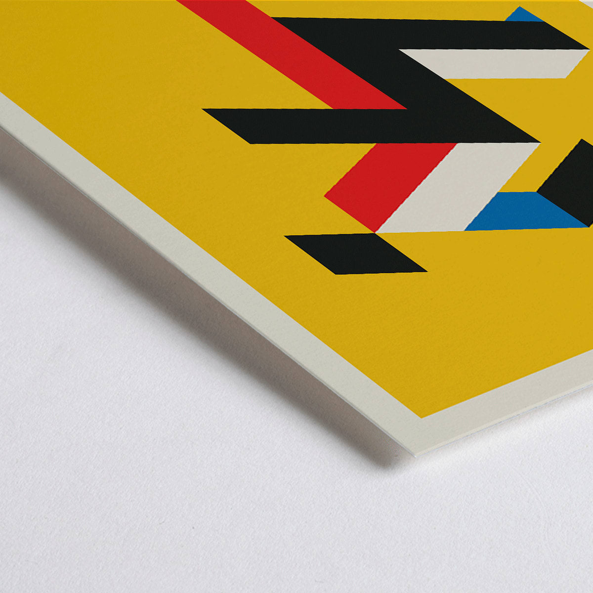 Closeup detail of Geometric abstract art poster with red black white and blue shapes on yellow background by Bauhaus titled Bauhaus 20