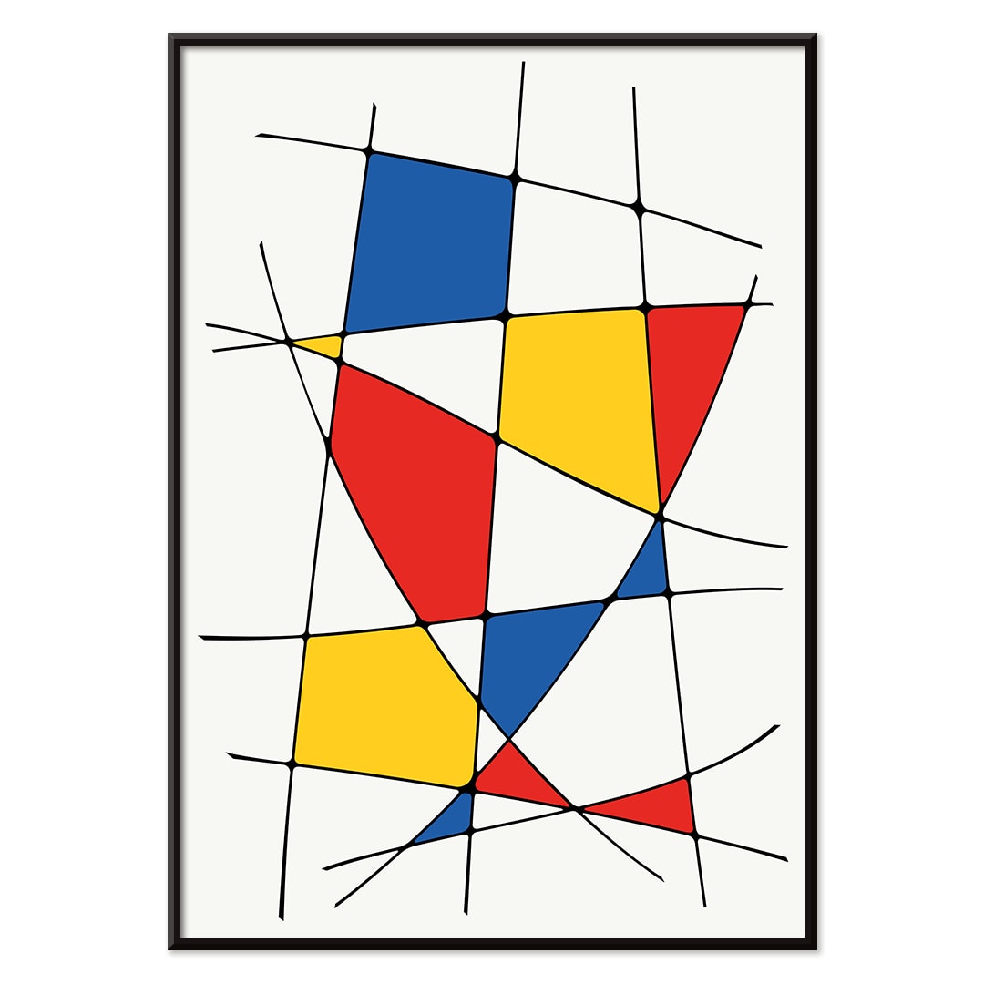Abstract art painting and poster titled Geometric Lines and colors 1 featuring intersecting black lines with red yellow and blue colorful shapes, with black aluminium frame on white background