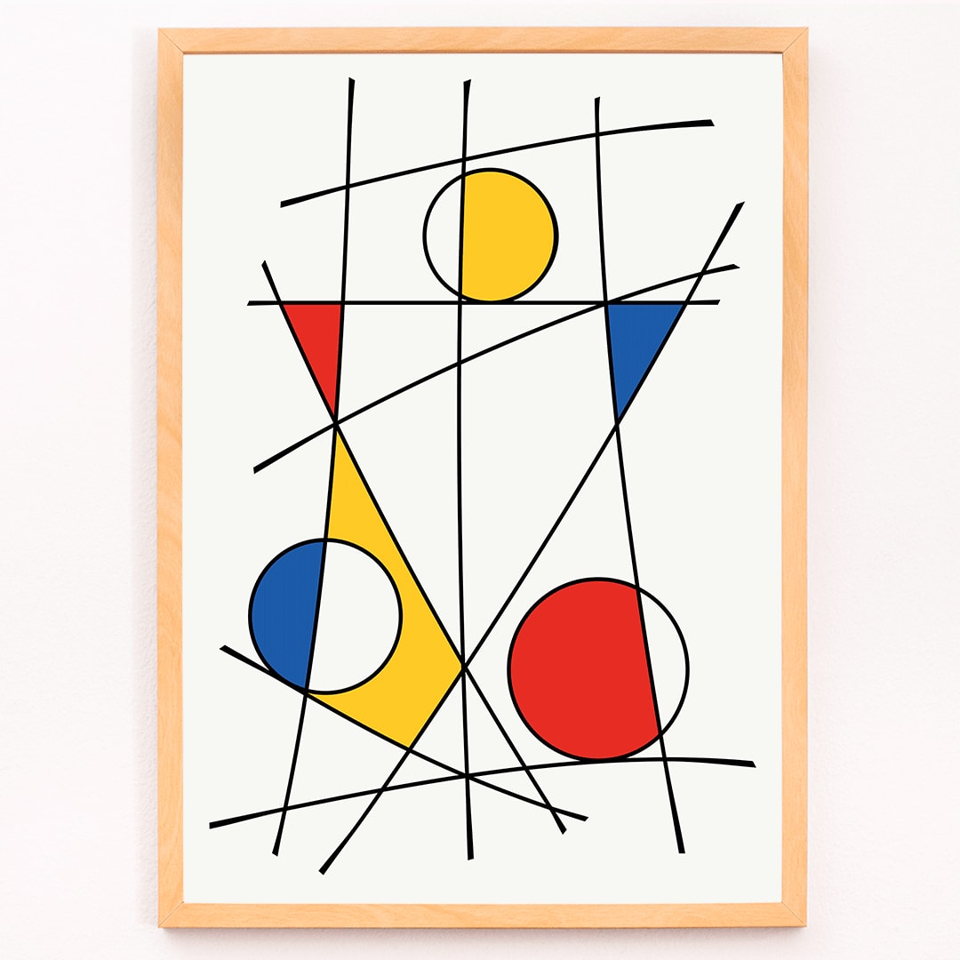 Abstract artwork by Geometric Lines and colors 3 with intersecting black lines and vibrant geometric shapes in red blue and yellow, framed and displayed in modern living room decor