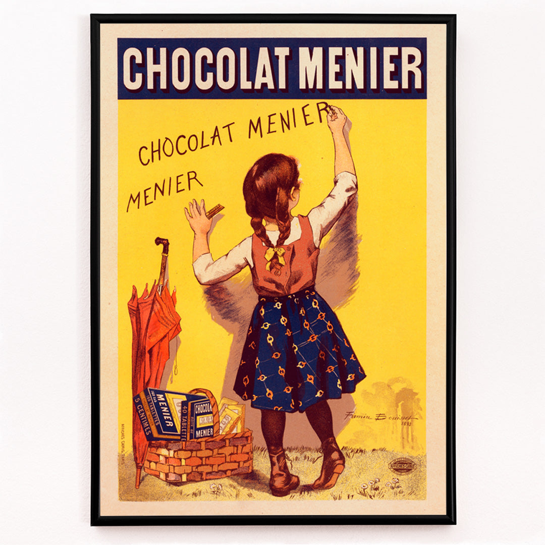 Closeup detail of Chocolat Menier poster by Firmin Bouisset featuring a young girl writing on a yellow wall with a basket of chocolate and an umbrella