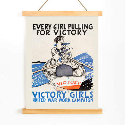 Woman rowing a boat in sailor uniform promoting war effort Victory Girls United War Work Campaign poster by Edward Penfield, with wooden magnetic frame on white background