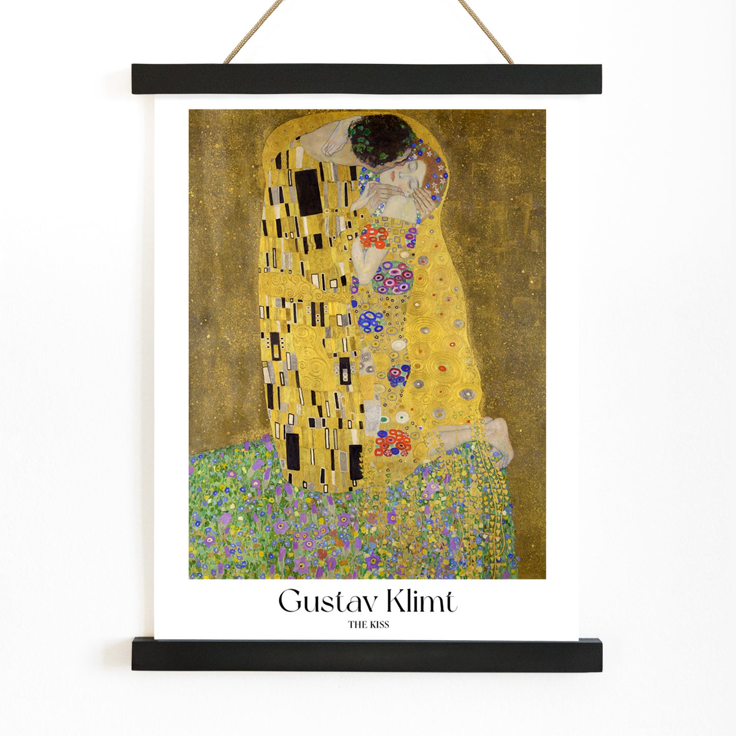 The Kiss by Gustav Klimt featuring two lovers embracing in a richly decorated golden background with floral patterns romantic couple artwork poster, with wooden magnetic frame on white background