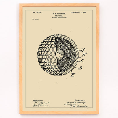 Golf ball patent technical drawing by R B Cavanagh showing detailed labeled interior structure and design elements, framed and displayed in modern living room decor