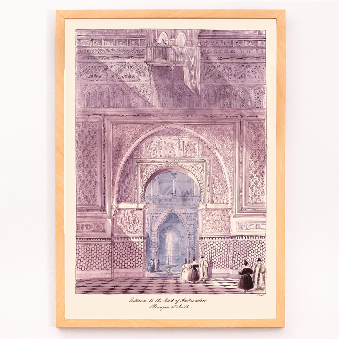 Charles Hamilton Smith painting and poster of Entrance to the Hall of Ambassadors Alcazar at Seville featuring detailed architectural scene with figures, framed and displayed in modern living room decor