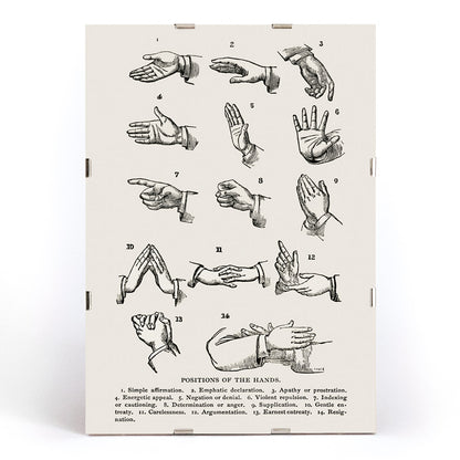 Drawings and poster of hand gesture positions for sign language by Joseph Gibbons Richardson from Positions of the Hands artwork, framed and displayed in modern living room decor