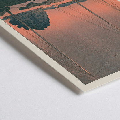 Closeup detail of Ukiyo e Harbour Sunset by Kawase Hasui with boats docked at sunset tranquil evening sky island and mountains in background