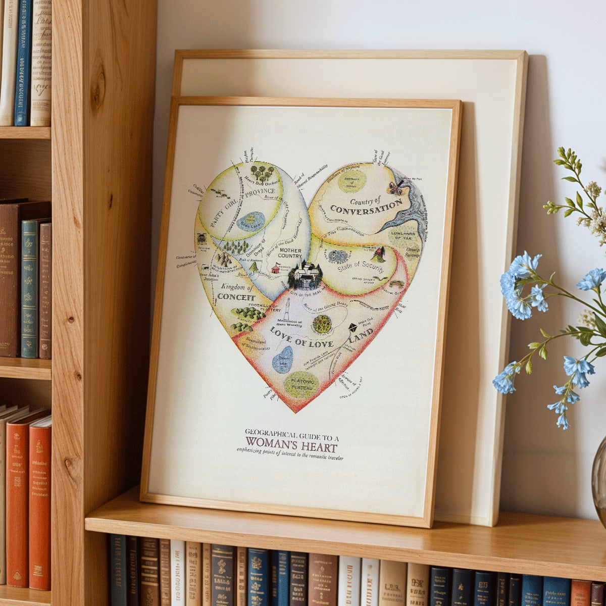Heart shaped map illustration and poster Geographical Guide to a Womans Heart by Jo Lowery whimsical map of emotions in the shape of a heart, framed and displayed in home decor