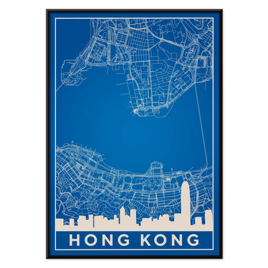 Hong Kong Minimalist Map by Artist Name blue urban blueprint wall art poster featuring city skyline and street layout, with black aluminium frame on white background