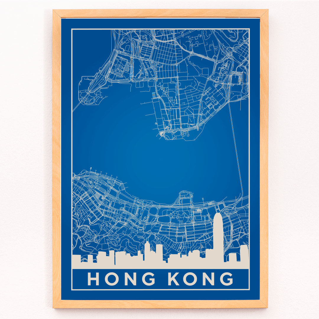 Hong Kong Minimalist Map by Artist Name blue urban blueprint wall art poster featuring city skyline and street layout, framed and displayed in modern living room decor