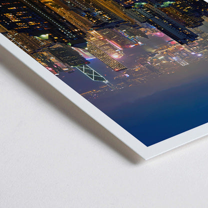 Closeup detail of Hong Kong Nightview by Mo Art Gallery featuring a vibrant illuminated city skyline and skyscrapers at night