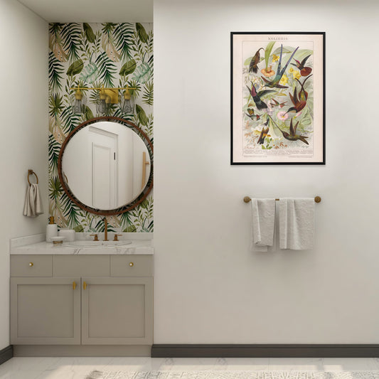 Colorful hummingbirds and tropical flowers poster illustration from Kolibris by Friedrich Arnold Brockhaus, framed and displayed in home decor