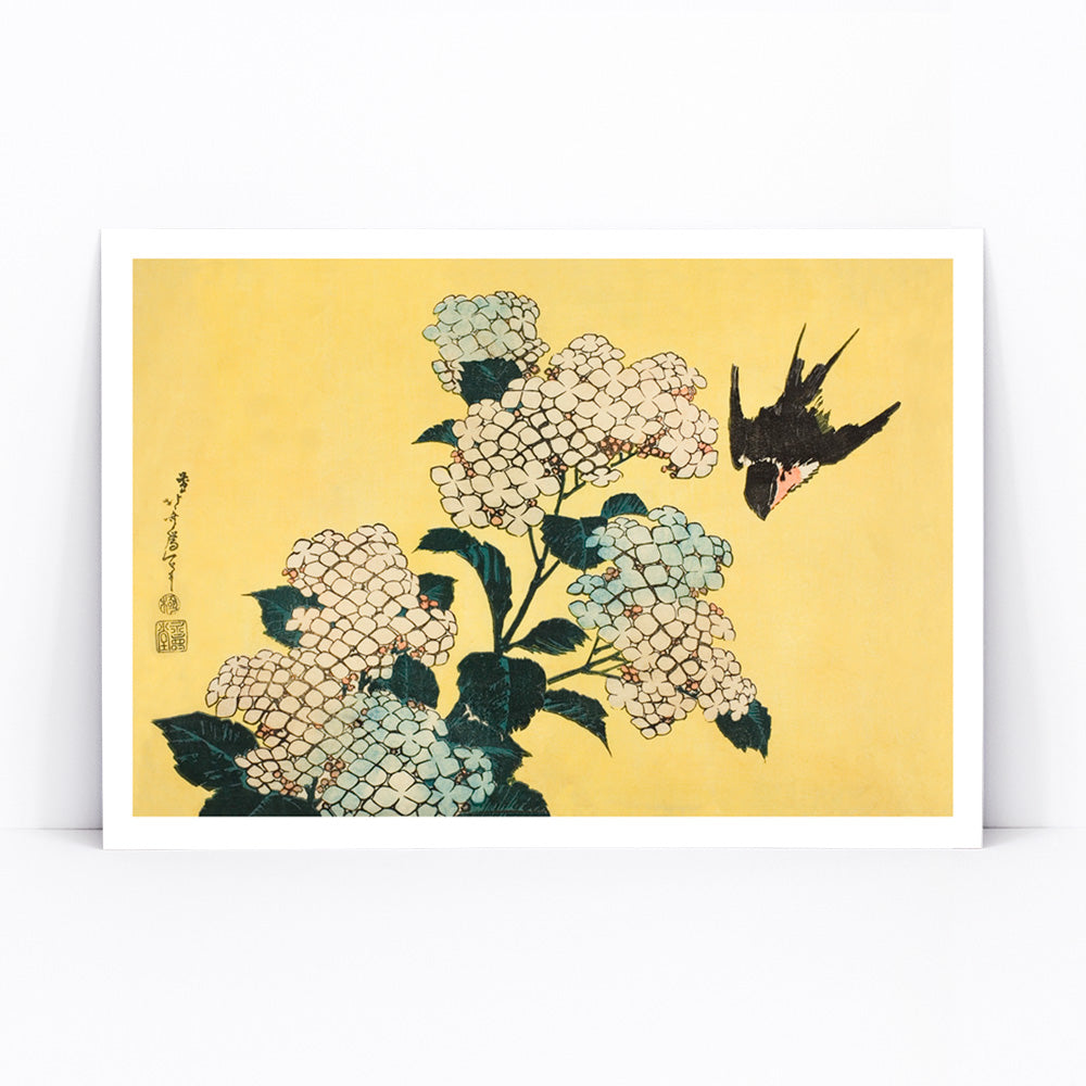 Swallow bird flying near blooming hydrangea flowers artwork by Katsushika Hokusai titled Hydrangea and Swallow on yellow background, framed and displayed in modern living room decor