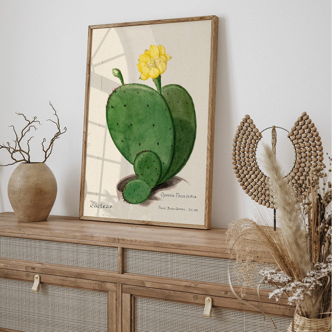 Indian fig opuntia cactus illustration by Karl Eduard Burger from Familie Der Cacteen showing a green cactus with a yellow flower, framed and displayed in home decor