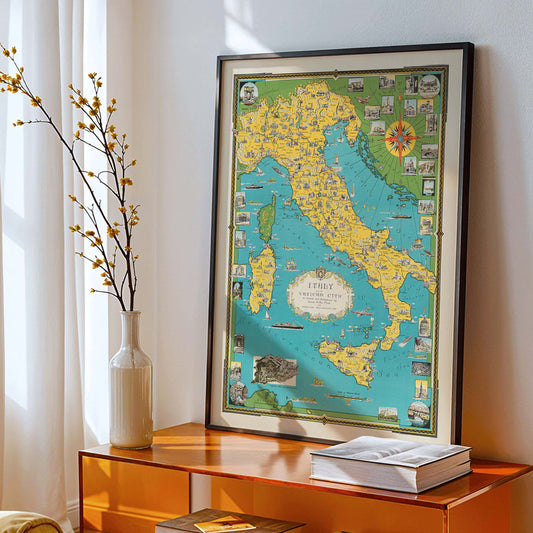 Map of Italy and Vatican City by Ernest Dudley Chase illustrated poster with colorful landmarks and detailed design, framed and displayed in home decor