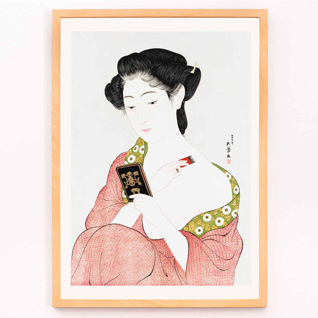 Closeup detail of High resolution Japanese art print of a woman in a kimono applying powder by Goyo Hashiguchi titled Woman Applying Powder